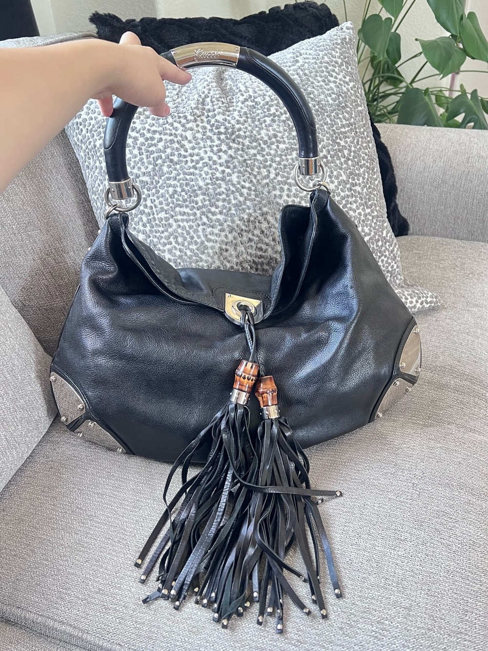 Gucci Indy Black Bamboo Tassels Hobo Shoulder Bag